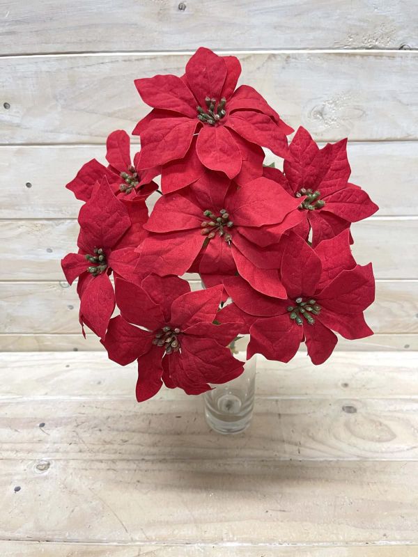 Vibrant red artificial poinsettia flower bush, perfect for festive decor and low-maintenance arrangements.