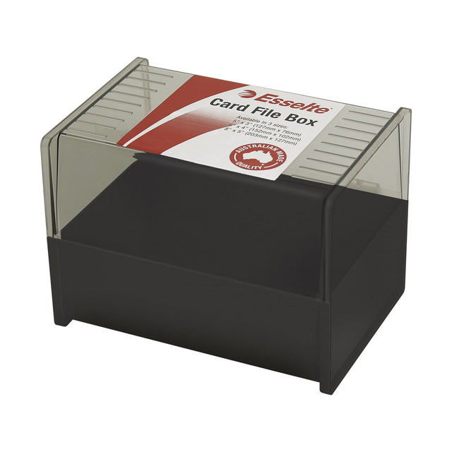 Black Esselte SWS Card File Box, 102x152mm, opens to 180 degrees for easy access and organized storage of cards.