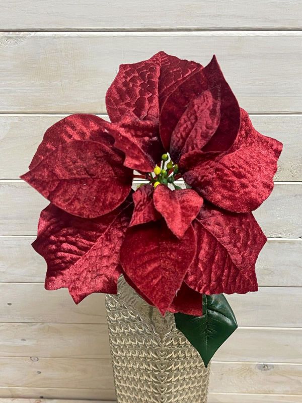 Lifelike 24cm red artificial poinsettia stem, perfect for festive decor and low-maintenance arrangements.