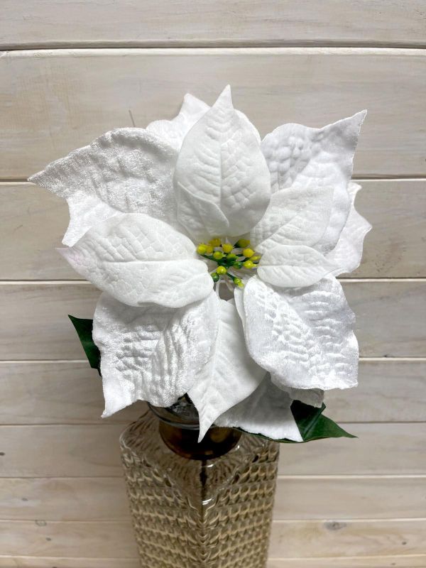 Lifelike white artificial poinsettia flower stem, 24cm long, perfect for elegant home decor year-round without maintenance.