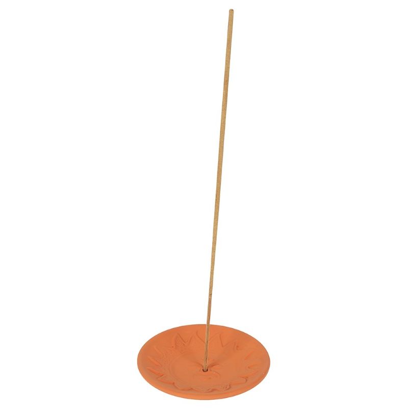 Eye-catching 9x9 cm terracotta incense plate featuring a sun design, perfect for meditation and home decor.