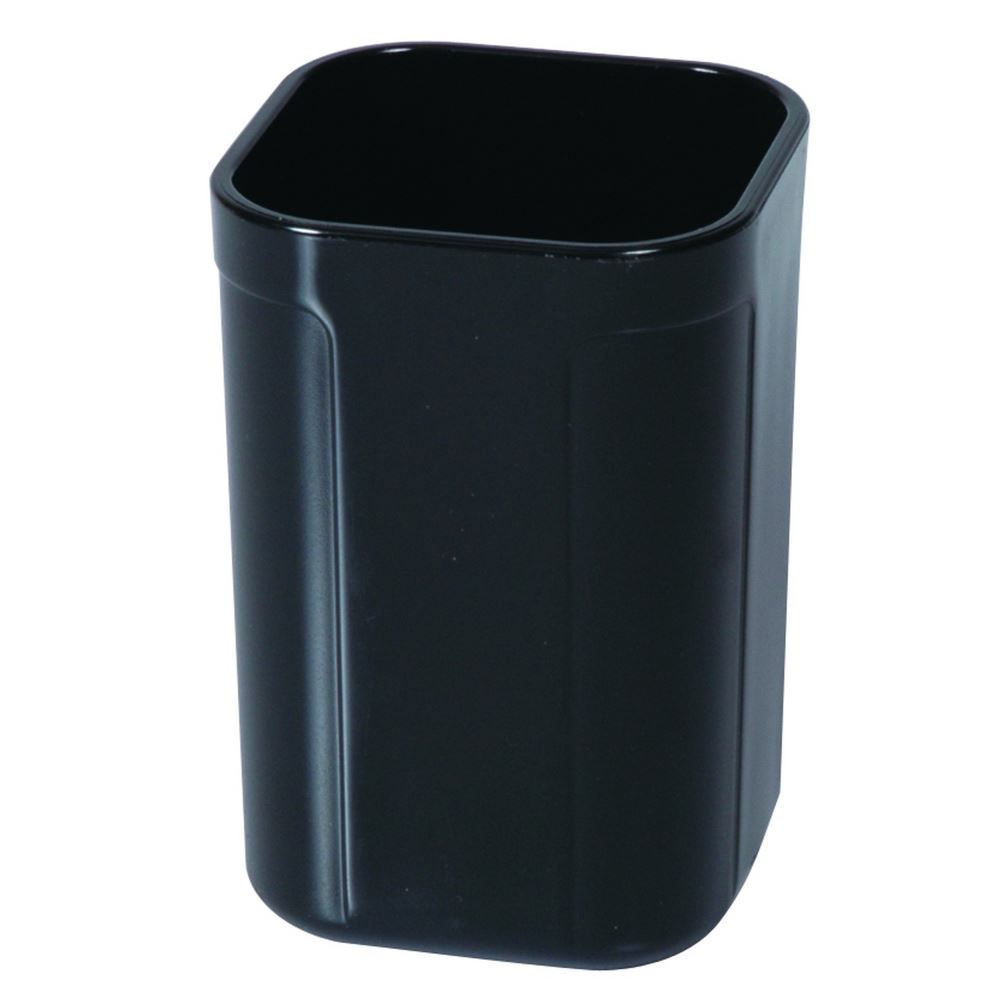 Black square pencil cup with rounded corners and high gloss finish, designed for stylish desktop organization.