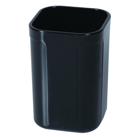 Black square pencil cup with rounded corners and high gloss finish, designed for stylish desktop organization.