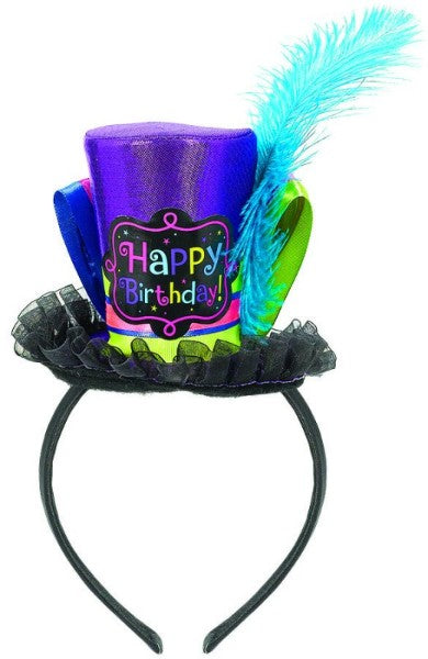 Colorful fabric cone hat headband with ribbon, perfect for birthday celebrations and festive events.