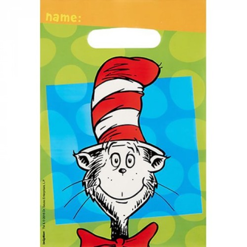 Colorful Dr. Seuss folded loot bags, pack of 8, featuring whimsical character designs for party favors and treats.