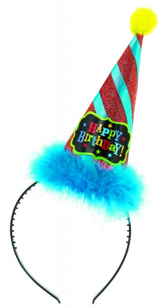 Vibrant cone hat headband with colorful fabric ruffle, perfect for parties and festive occasions. Suitable for adults.