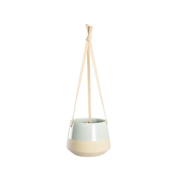 Ceramic dolomite hanging pot duo in sage color for stylish indoor/outdoor plant display, measuring 15.6x11.8cm.
