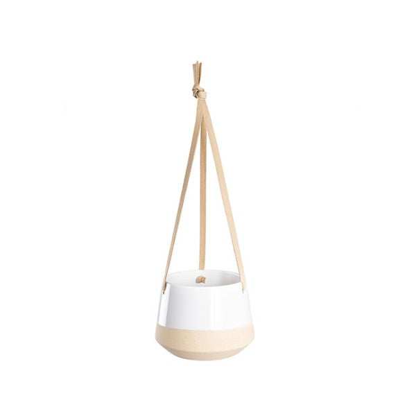 White ceramic dolomite hanging pot duo, perfect for indoor plants, featuring sturdy design and minimalist aesthetic.