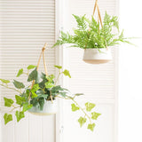 Elegant white ceramic dolomite hanging planter duo, perfect for displaying plants with modern sophistication.