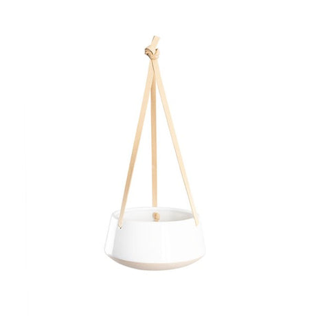 Stylish white ceramic dolomite hanging planter duo, ideal for showcasing plants in modern indoor or outdoor decor.