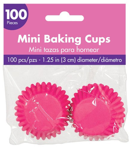 Bright pink mini cupcake cases in pack of 100, perfect for baking and adding color to desserts and events.