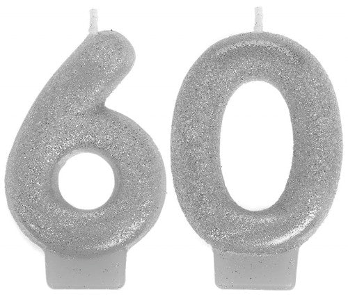 Sparkling 60th birthday numeral candles, 3 inches tall, perfect for cake decoration and festive celebrations. Pack of 2.