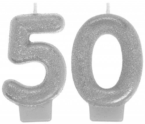 Gold and silver 50th numeral candles, 3 inches tall, ideal for adding sparkle to birthday cakes and celebrations.