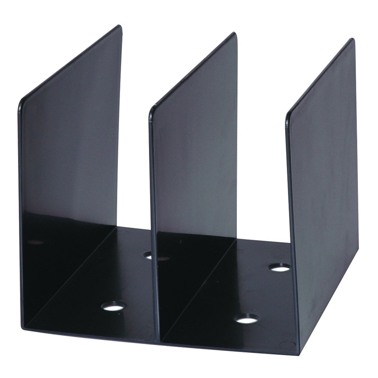 Stylish black book rack with two compartments for organizing documents, magazines, and articles in your workspace.