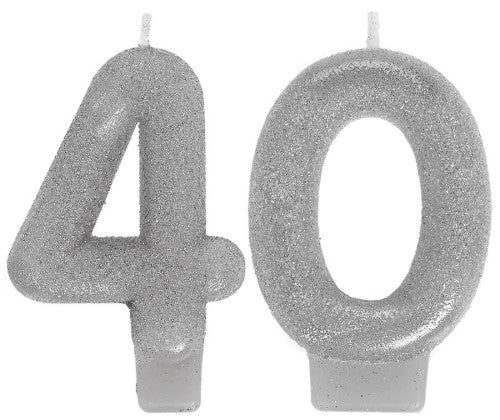 Two sparkling numeral candles for a 40th birthday, shining in glamorous design, perfect for cake decoration and celebrations.