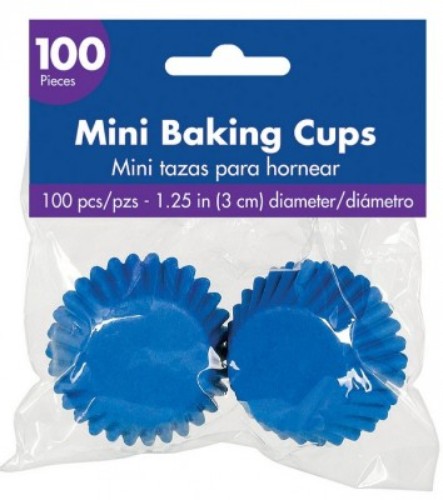 Bright royal blue mini cupcake cases, 1 1/4" size, pack of 100, perfect for enhancing desserts at any celebration.