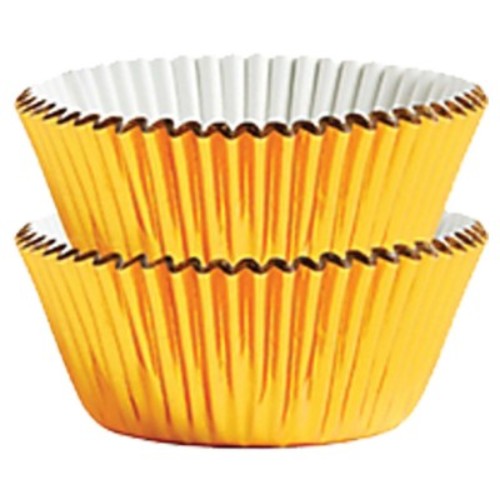 Elegant gold foil mini cupcake cases, 1 1/4" size, pack of 75; perfect for birthdays and celebrations.