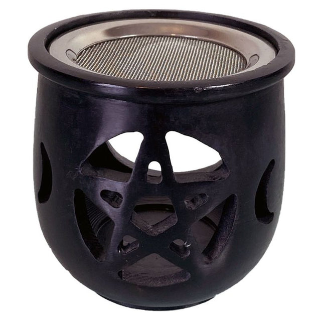 Artisan-crafted black soapstone burner with a triple moon and pentacle design, ideal for resin incense and meditation rituals.
