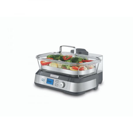 Cuisinart Cookfresh Digital Glass Steamer with 5L pot, stainless steel tray, and user-friendly controls for healthy cooking.