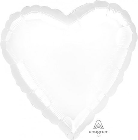 Metallic white 45cm heart-shaped foil balloon with self-sealing feature, perfect for celebrations and events.