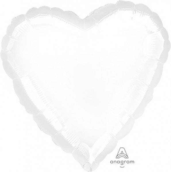 Metallic white 45cm heart-shaped foil balloon with self-sealing feature, perfect for celebrations and events.