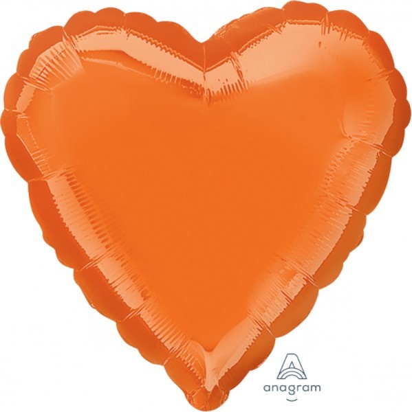 Vibrant metallic orange heart-shaped foil balloon, 45cm, self-sealing, perfect for celebrations and decorations.