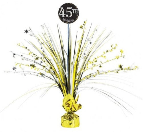 Happy Birthday foil spray centerpiece at 18 inches, complete with 29 customizable age stickers for festive decor.