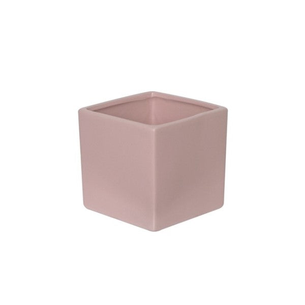 Ceramic Cube Pot in soft pink, 12x12x12cm, perfect for small plants or decor, features satin matte finish for elegance.