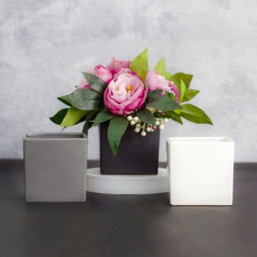 Sleek satin matte charcoal ceramic cube pot for stylishly displaying house plants or herbs, measuring 12x12x12cmH.