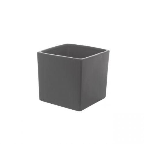 Sleek ceramic Cube Pot in satin charcoal, 12x12x12cm, perfect for stylishly displaying plants indoors or outdoors.