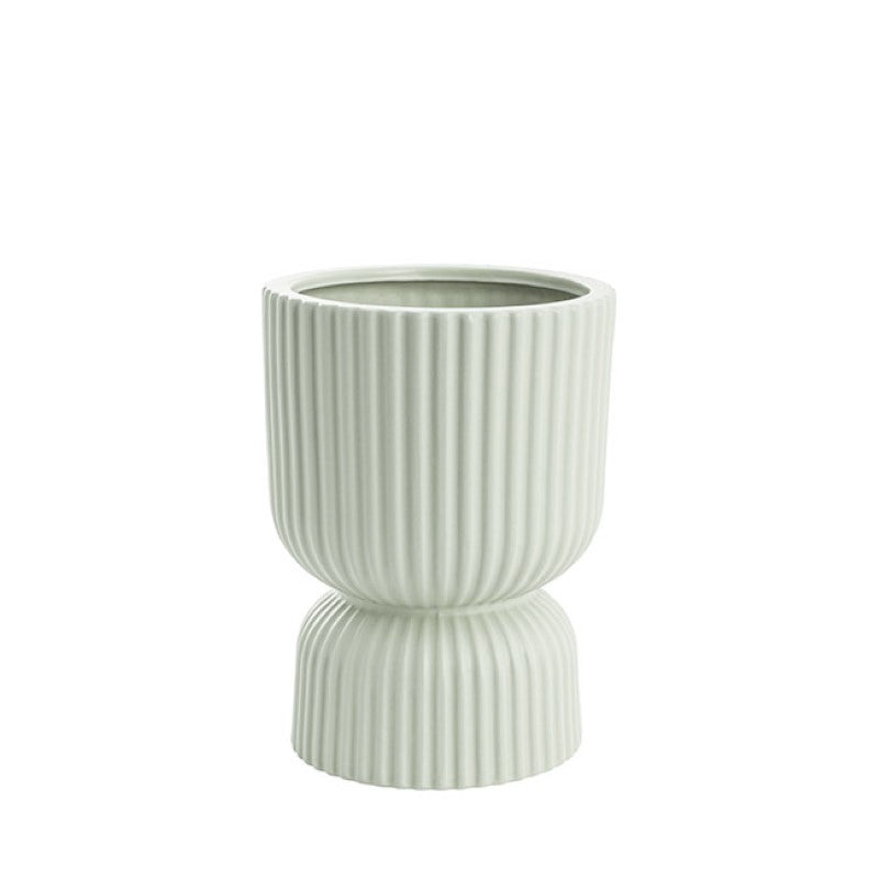 Matte sage ceramic egg cup vase, 15Dx20cmH, perfect for flowers or small plants, adding elegance to any decor.