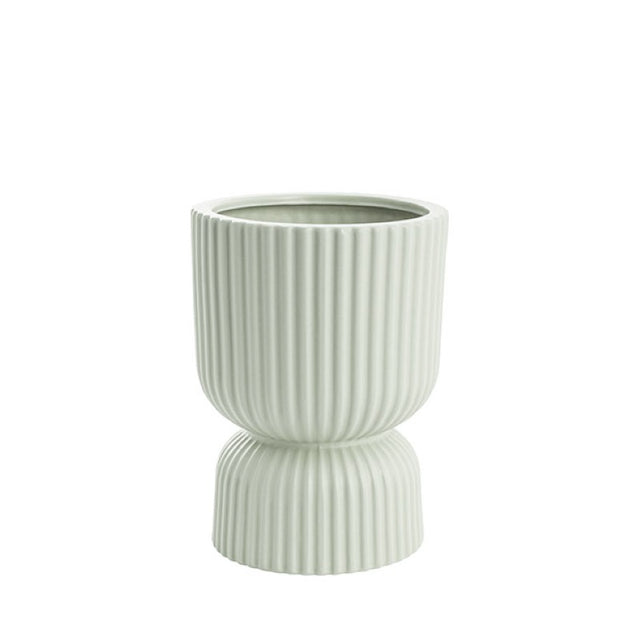 Matte sage ceramic egg cup vase, 15Dx20cmH, perfect for flowers or small plants, adding elegance to any decor.