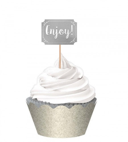 Glamorous cupcake kit with 24 silver liners, foil picks, and glitter wraps for elegant desserts at any celebration.