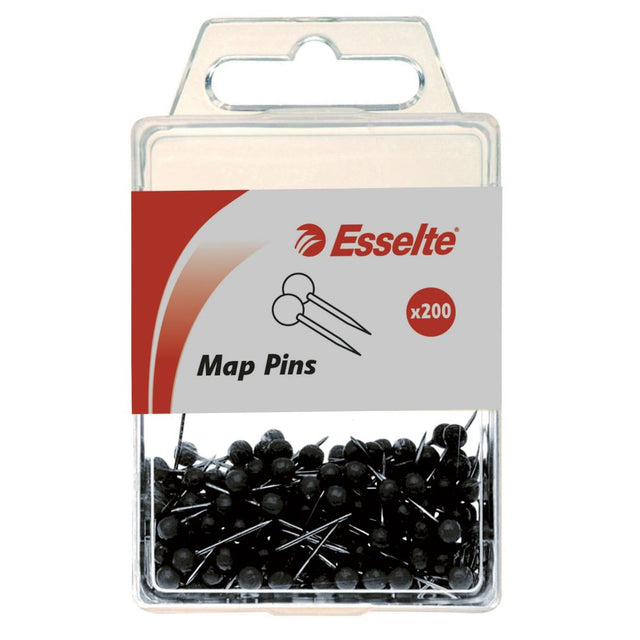 Black Esselte map pins pack of 200, 4mm diameter head, 17mm long, ideal for organizing documents and displaying reminders.