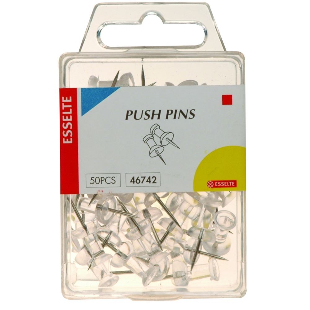 Clear Esselte push pins (pack of 50) for organizing and tacking posters, photos, and charts on various surfaces.