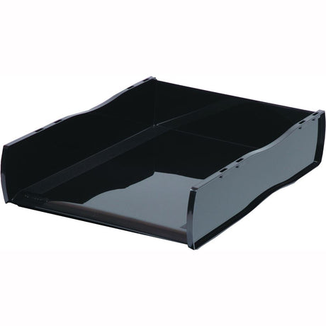 Esselte Nouveau Document Tray in sleek black, ideal for organizing papers; stylish, sturdy, and stackable for efficient workspace use.