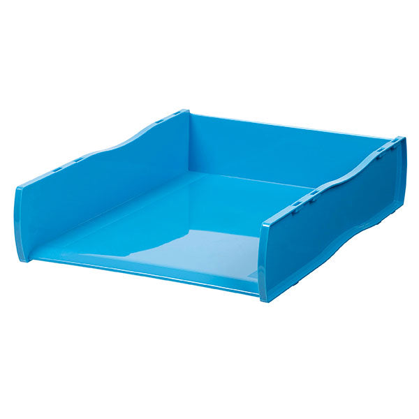 Elegant marine-colored document tray for organized workspace, sturdy and stackable, measuring 355 x 261 x 75 mm.