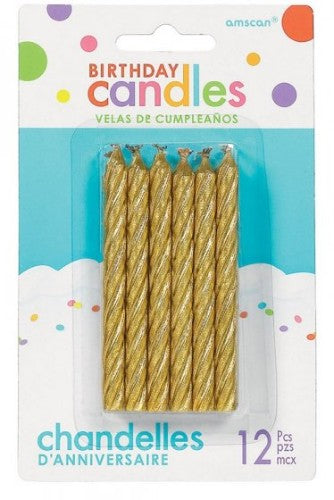 Eight-centimeter large spiral birthday candles in shimmering gold glitter, pack of 12, perfect for elegant celebrations.