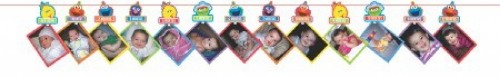 Elmo-themed photo garland for first birthdays, featuring 13 photo holders and vibrant decoration for lasting memories.