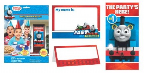 Colorful Thomas the Tank Engine Welcome Kit with door decoration, name tags, and place cards for joyful children's parties.