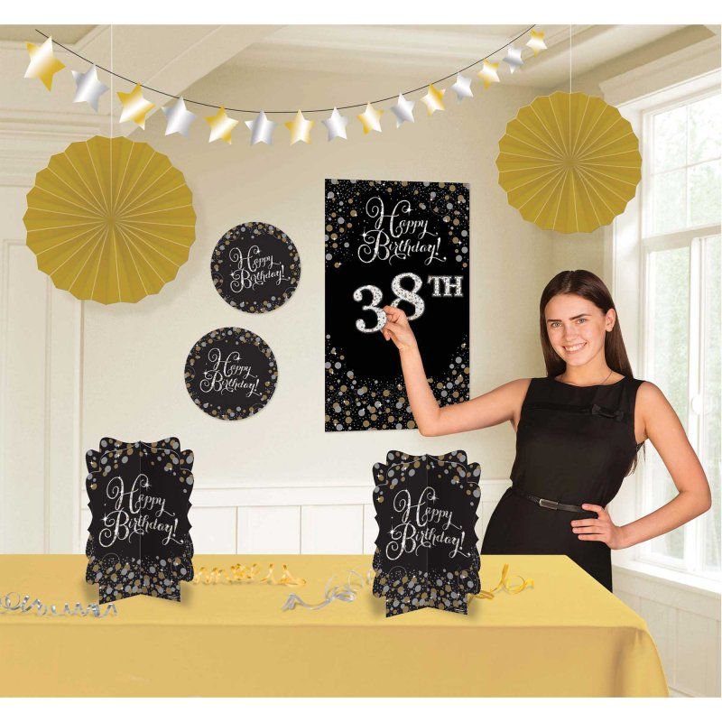 Vibrant birthday room decorating kit with garland, cutouts, fans, centerpieces, and stickers for any age celebration.