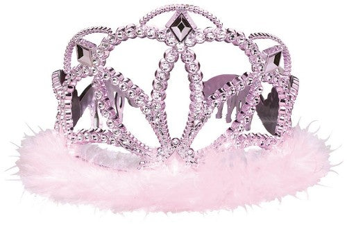 Iridescent pink tiara adorned with soft marabou feathers, perfect for parties and adding a magical touch to any outfit.