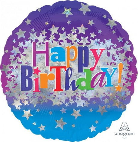 Self-sealing 45cm foil balloon featuring vibrant star designs for stylish birthday celebrations.