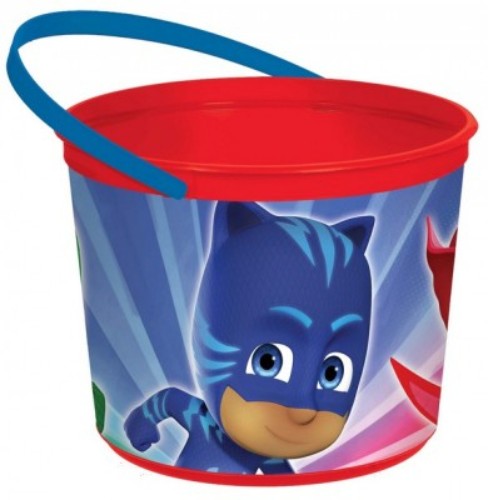 Colorful Pj Masks favor container for birthday parties, perfect for holding treats and small toys at themed events.