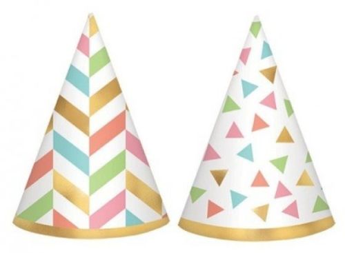 Colorful confetti mini cone hats with foil accents, perfect for celebrations and parties, pack of 12, 4 inches tall.