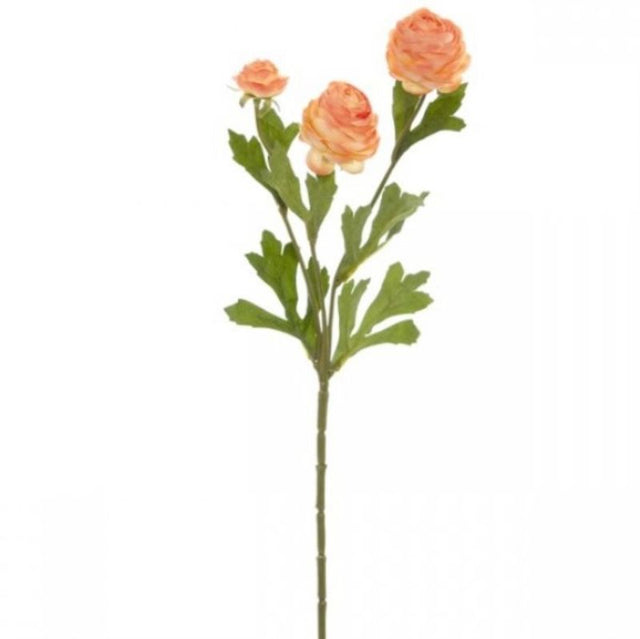 Artificial Petite Ranunculus Spray in Coral with three ruffle blooms and lush greenery, elevating home decor with elegance.