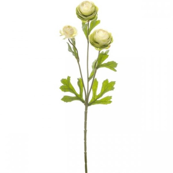 Artificial Ranunculus Spray in Cream and Green, featuring 3 ruffle blooms and lush foliage, perfect for elegant decor.
