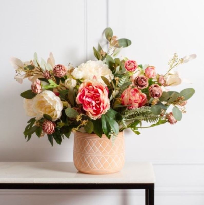 Lifelike Petite Ranunculus Spray Rose with 3 detailed blooms and green foliage, perfect for elegant home decor.