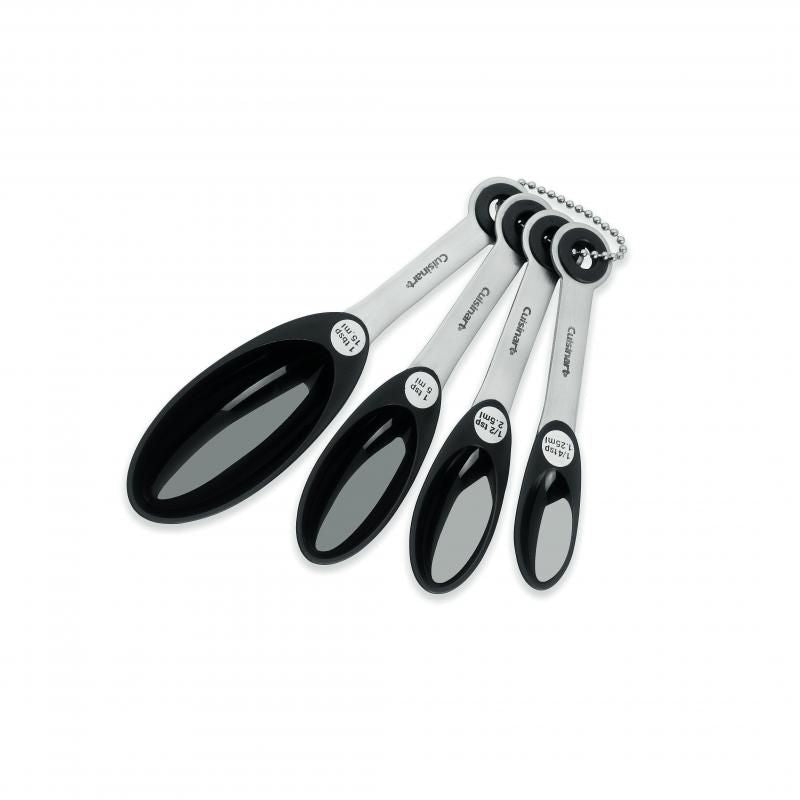 Cuisinart Measure Spoon Set featuring stainless steel and nylon, includes 1/8 tsp, 1/4 tsp, 1/2 tsp, 1 tbsp, perfect for cooking.