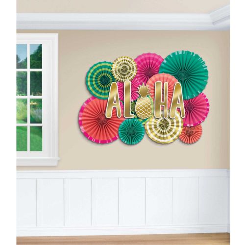 Aloha Deluxe Fans & Cutouts Kit with 22 vibrant pieces, perfect for tropical-themed parties and summer celebrations.